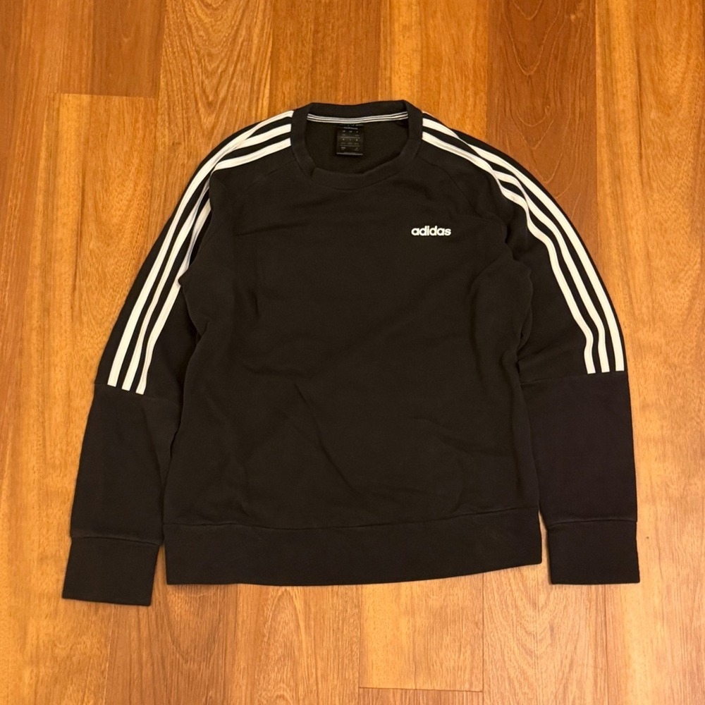 2010s Adidas Essential Black 3 Stripes Crewneck Sweatshirt Men's Size Large